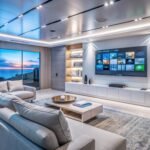Smart Home Automation: Modern living room with large windows, gray sofa, and TV.