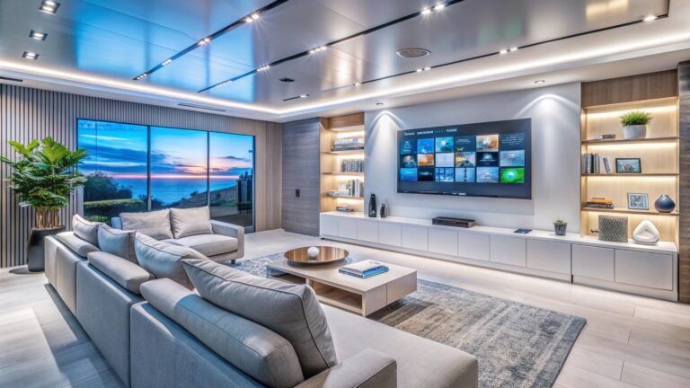 Smart Home Automation: Modern living room with large windows, gray sofa, and TV.