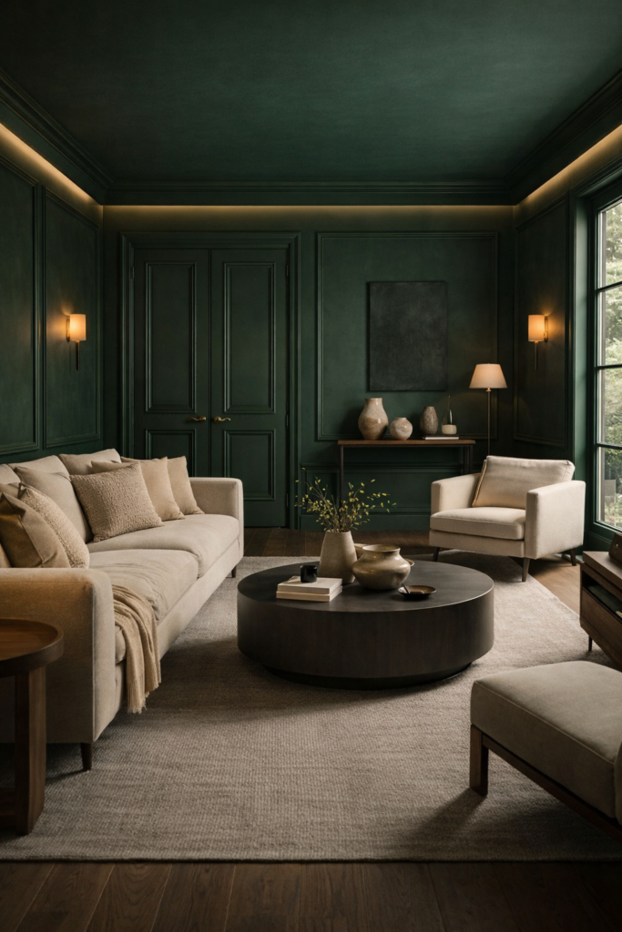Forest Green Color-Drenched Living Room | Immersive Luxury Interior Design Trend
