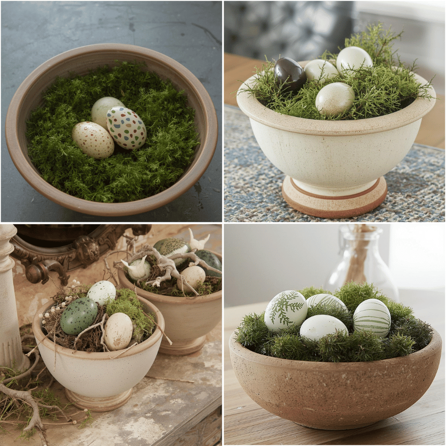 A stoneware bowl filled with decorative moss or faux eggs