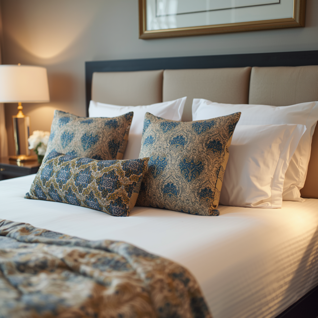 decorative pillows on a bed