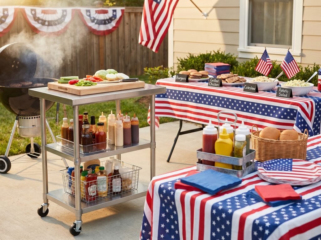  A well-organized outdoor 4th of July BBQ serving station and prep area. A stainless steel prep cart is positioned immediately beside a lit charcoal grill, with a large cutting board on top, organized sauce bottles on the middle shelf, and supplies below.