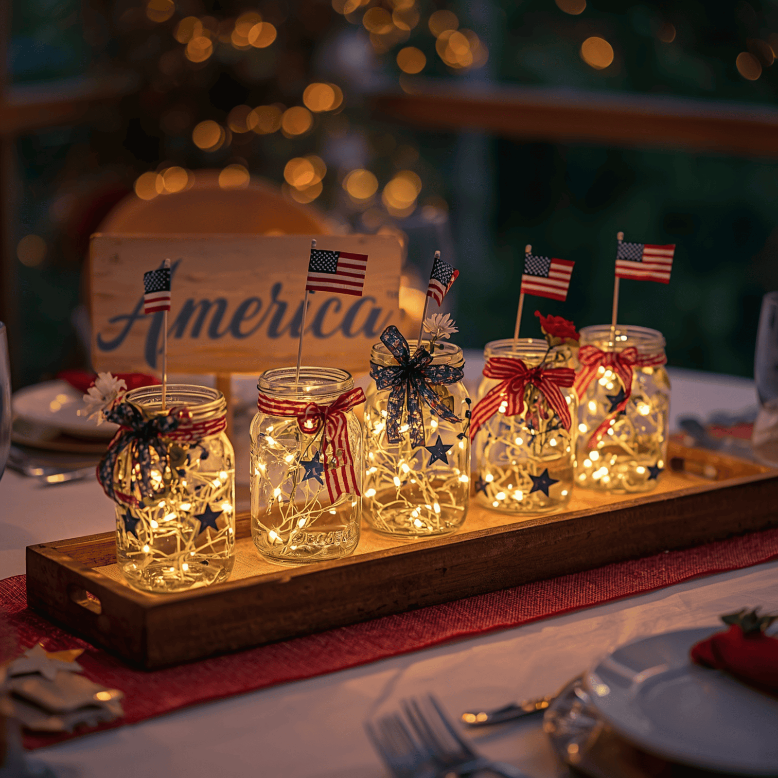 DIY Mason Jar Centerpieces with Fairy Lights for 4th of July