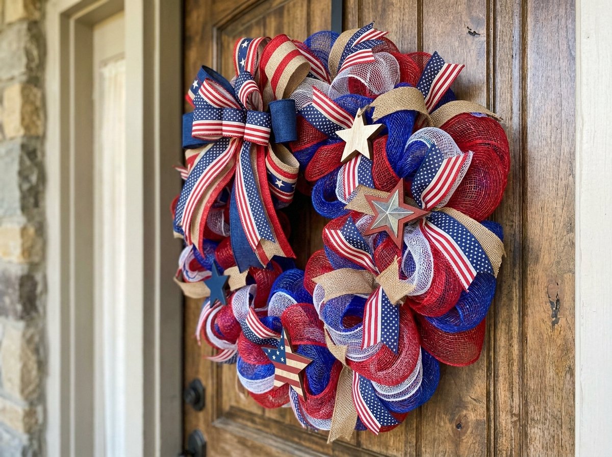 DIY Patriotic Front Door Wreath - Patriotic wreath hanging on front door