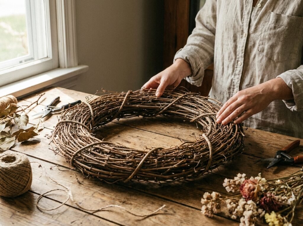 DIY Patriotic Front Door Wreath: step#1 hands adjusting grapevine wreath
