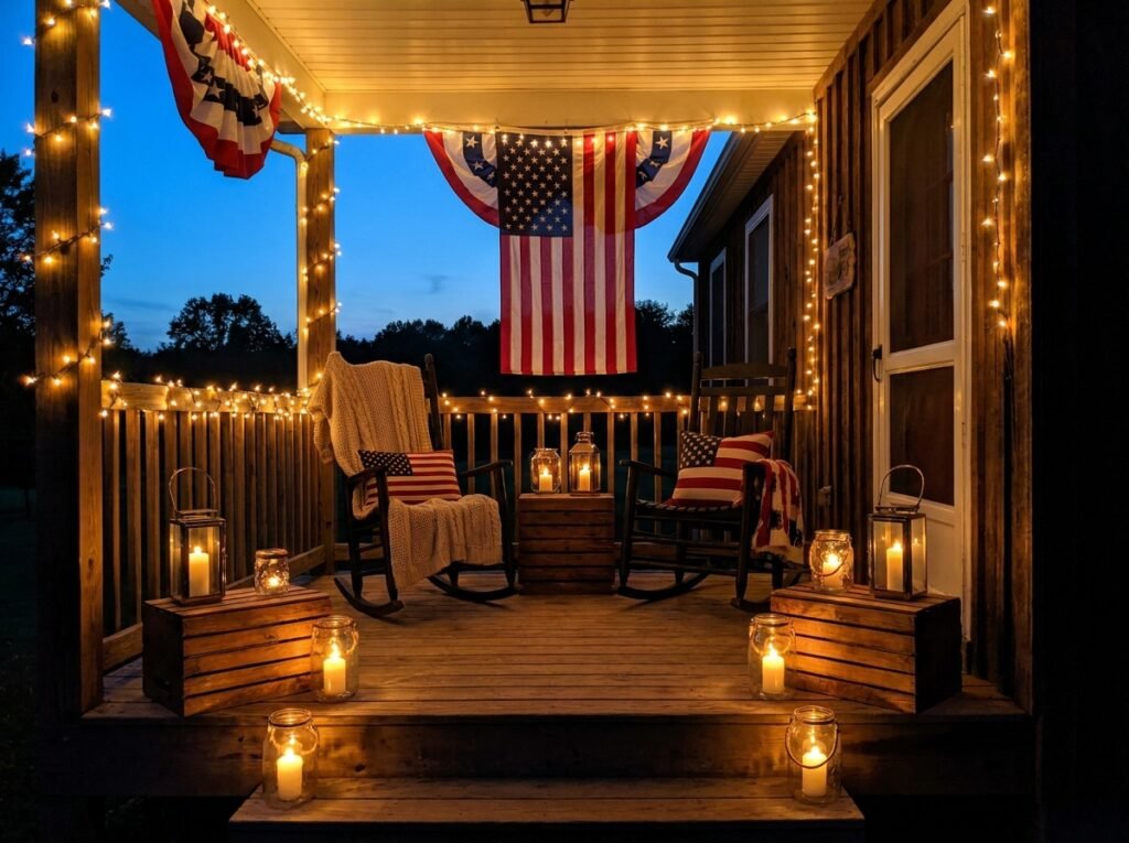 front porch makeover - patriotic front porch at dusk
