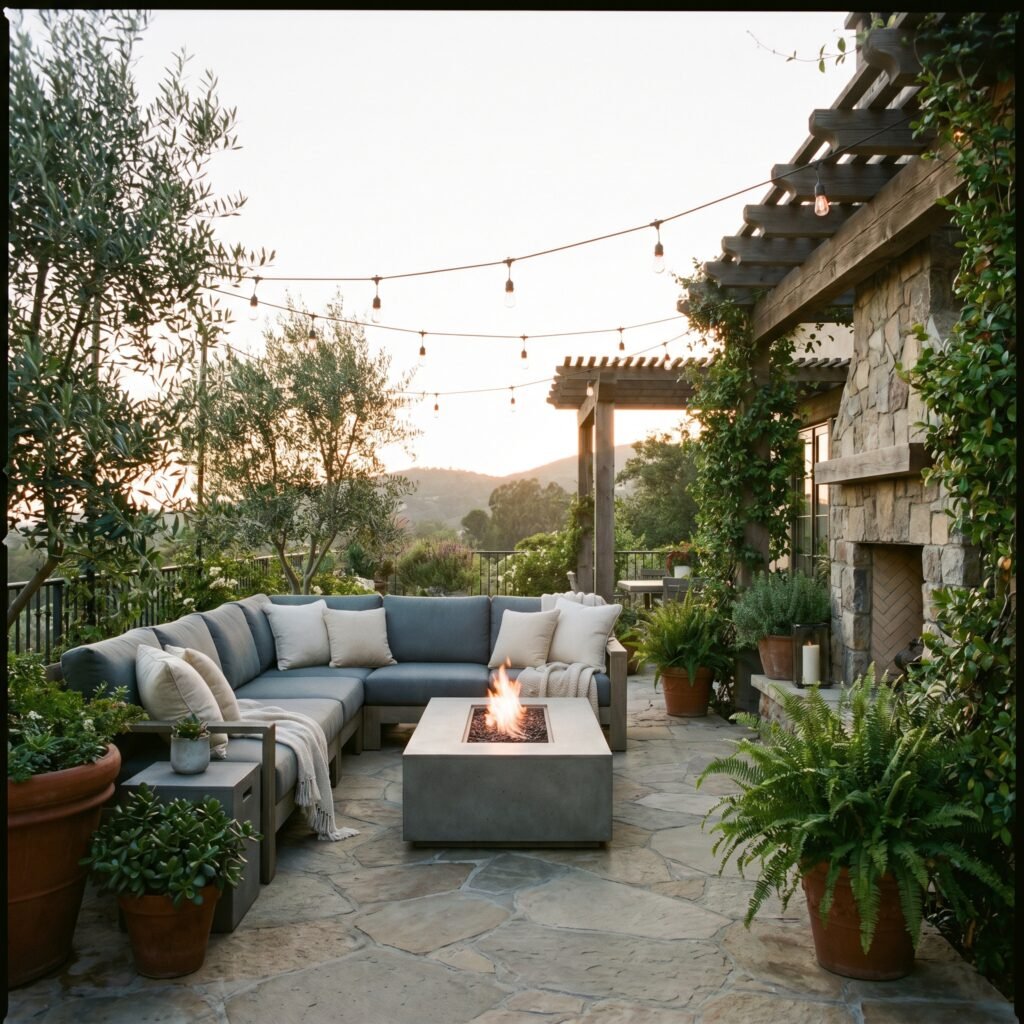 A beautiful outdoor patio at dusk featuring a slate-grey sectional sofa