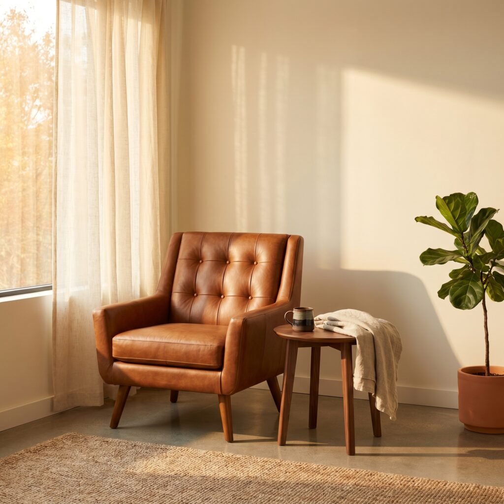 A luxurious mid-century modern leather armchair in cognac brown