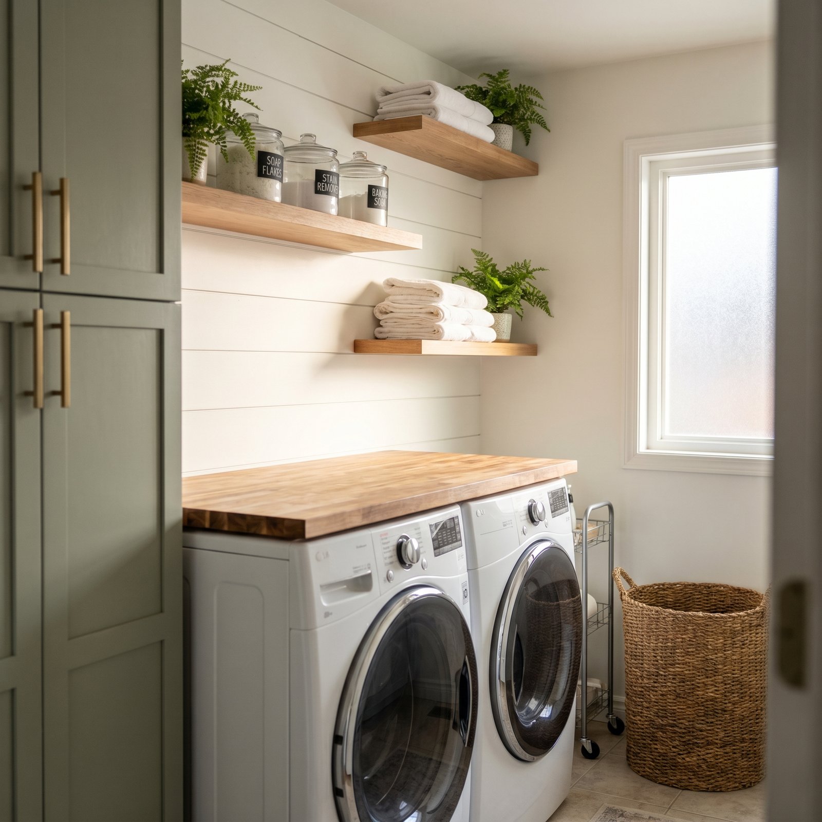 DIY laundry room makeover ideas - reveal showing shiplap wall, butcher block countertop, floating shelves with natural cleaning products, sage green cabinet, and brushed brass hardware.