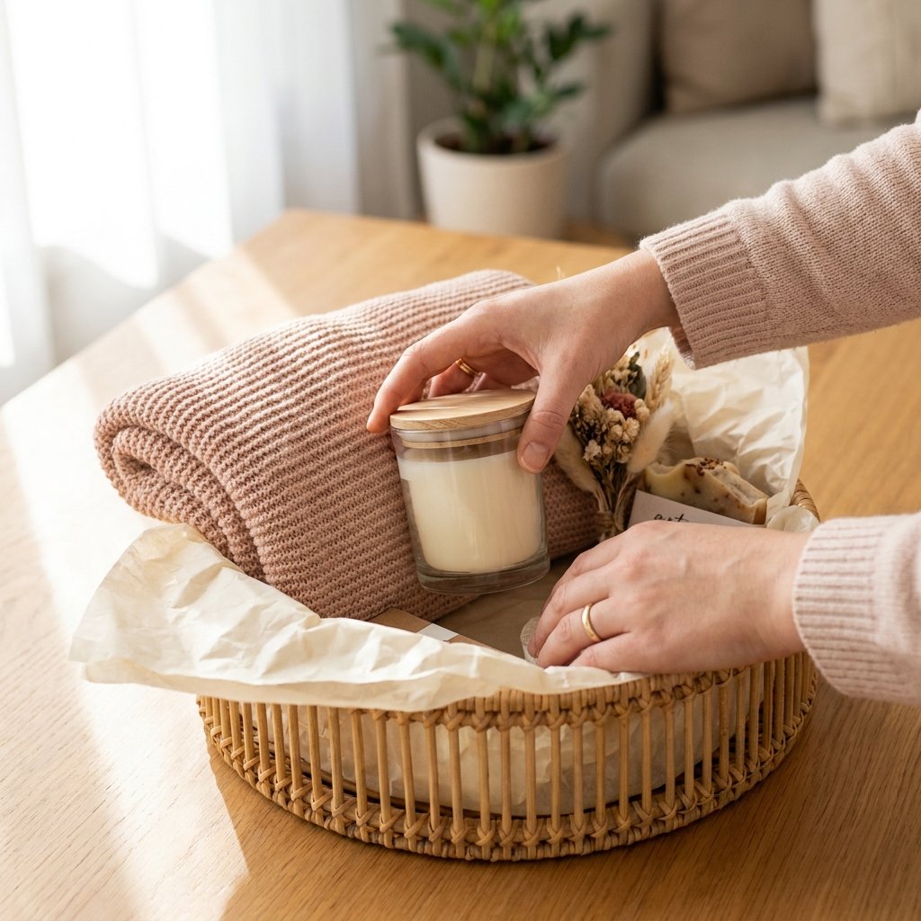 hands arranging a DIY gift basket with tissue paper and a blush pink blanket