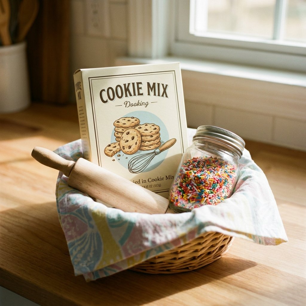 bake with me gift basket with cookie mix and mini rolling pin