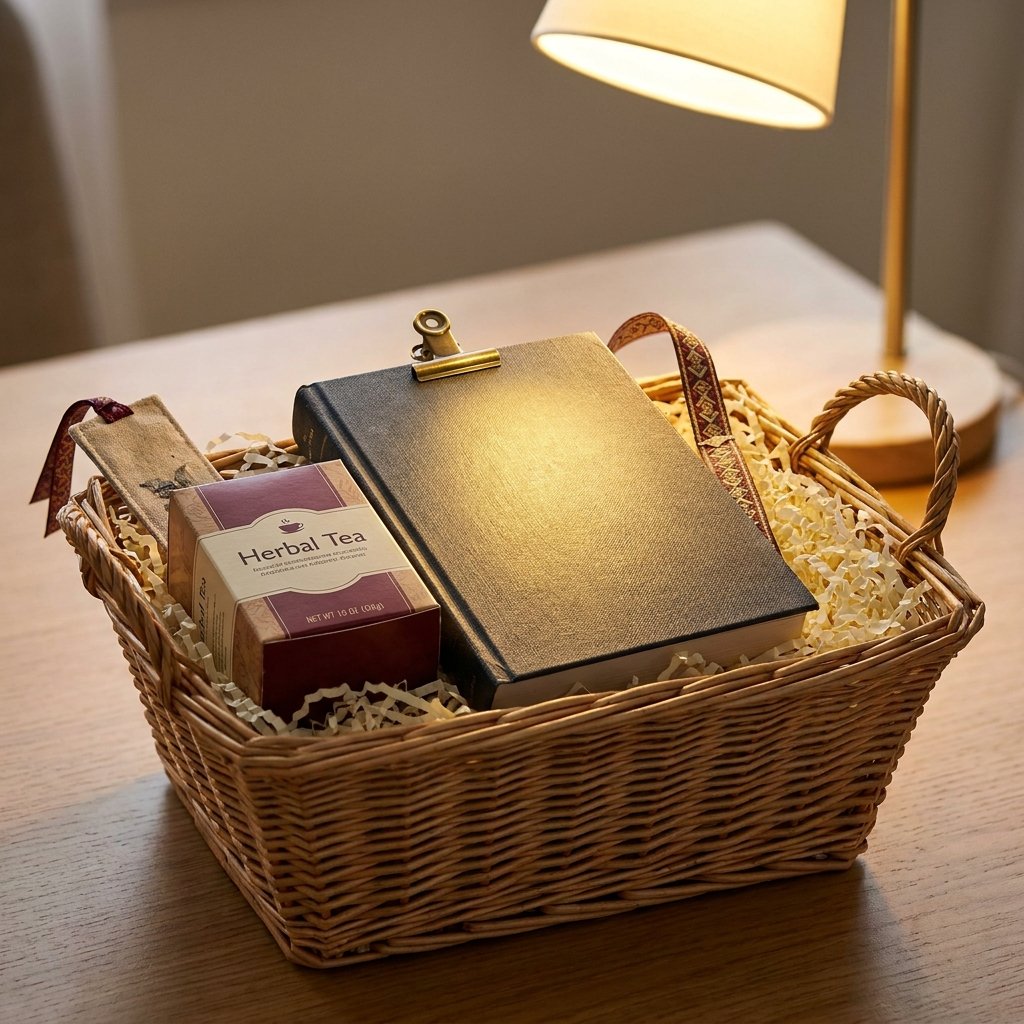 book lover gift basket with novel, reading light, and tea
