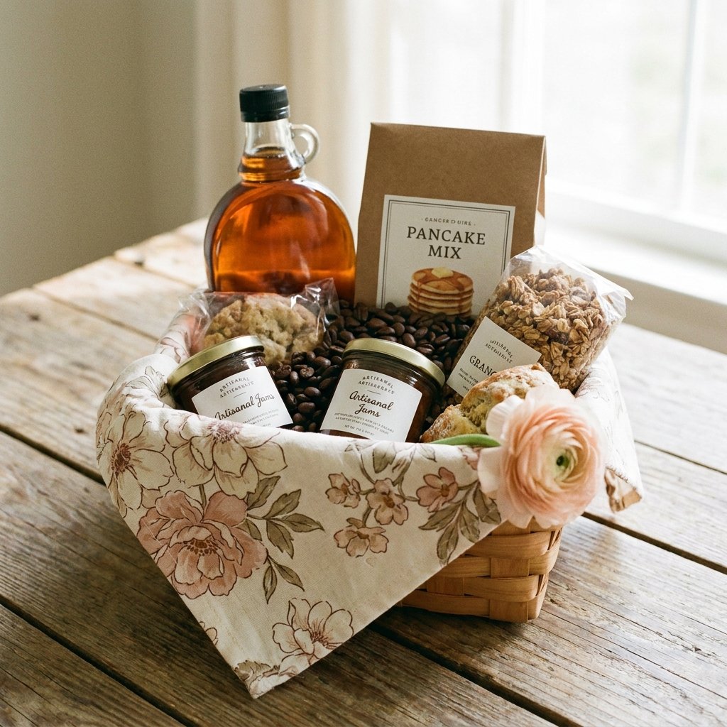 brunch at home gift basket with pancake mix and maple syrup