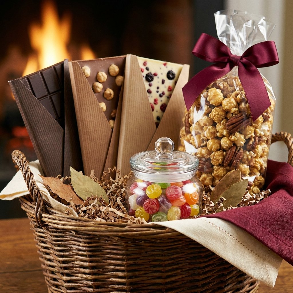 sweet tooth snack gift basket with chocolate and gourmet popcorn