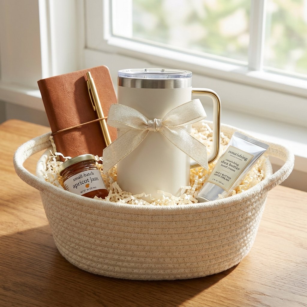 morning routine gift basket with travel mug, notepad, and hand cream
