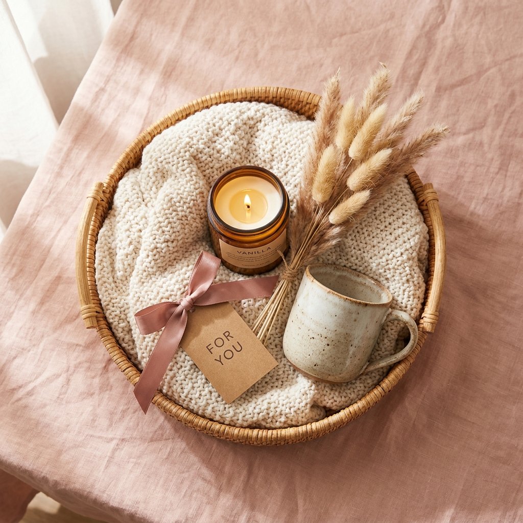 DIY sister gift basket ideas with a knit blanket, candle, and mug styled in blush pink for a sister's birthday