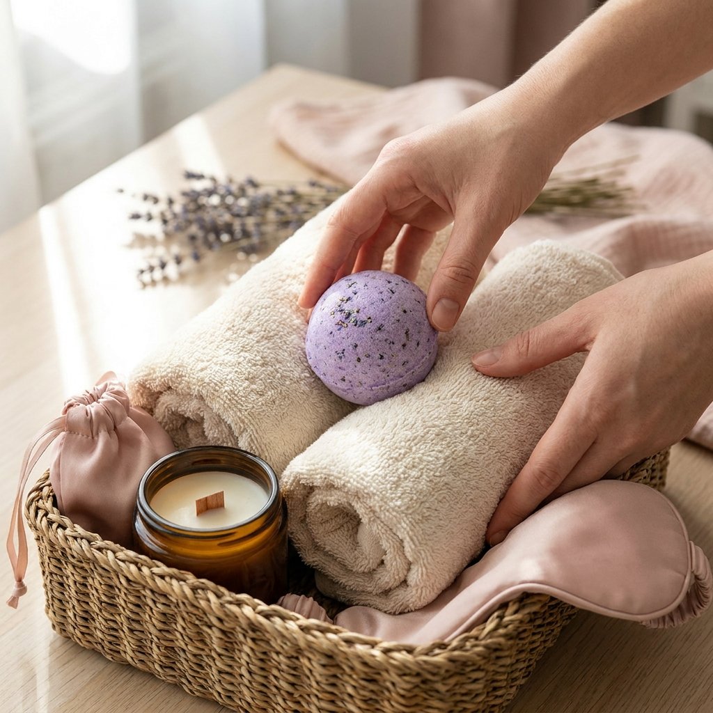 DIY spa gift basket with rolled towels, bath bombs, and a lavender candle