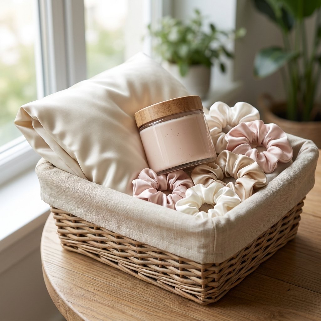 silk hair care gift basket with pillowcase, hair mask, and scrunchies