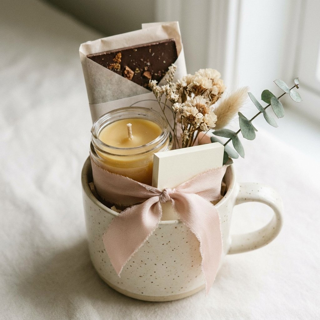 mini gift basket (cup) with candle and candy bar