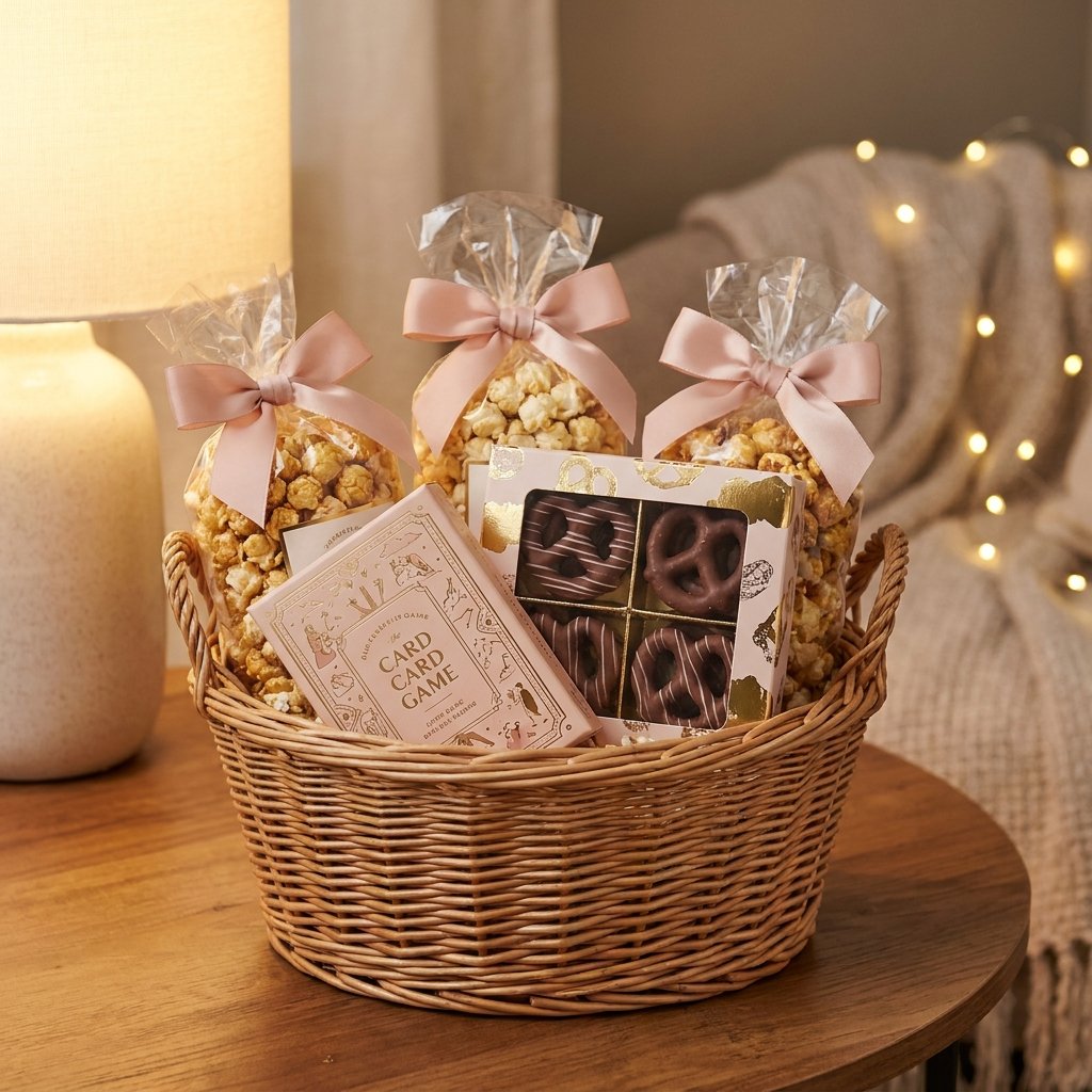 girls night in gift basket with snacks and a card game