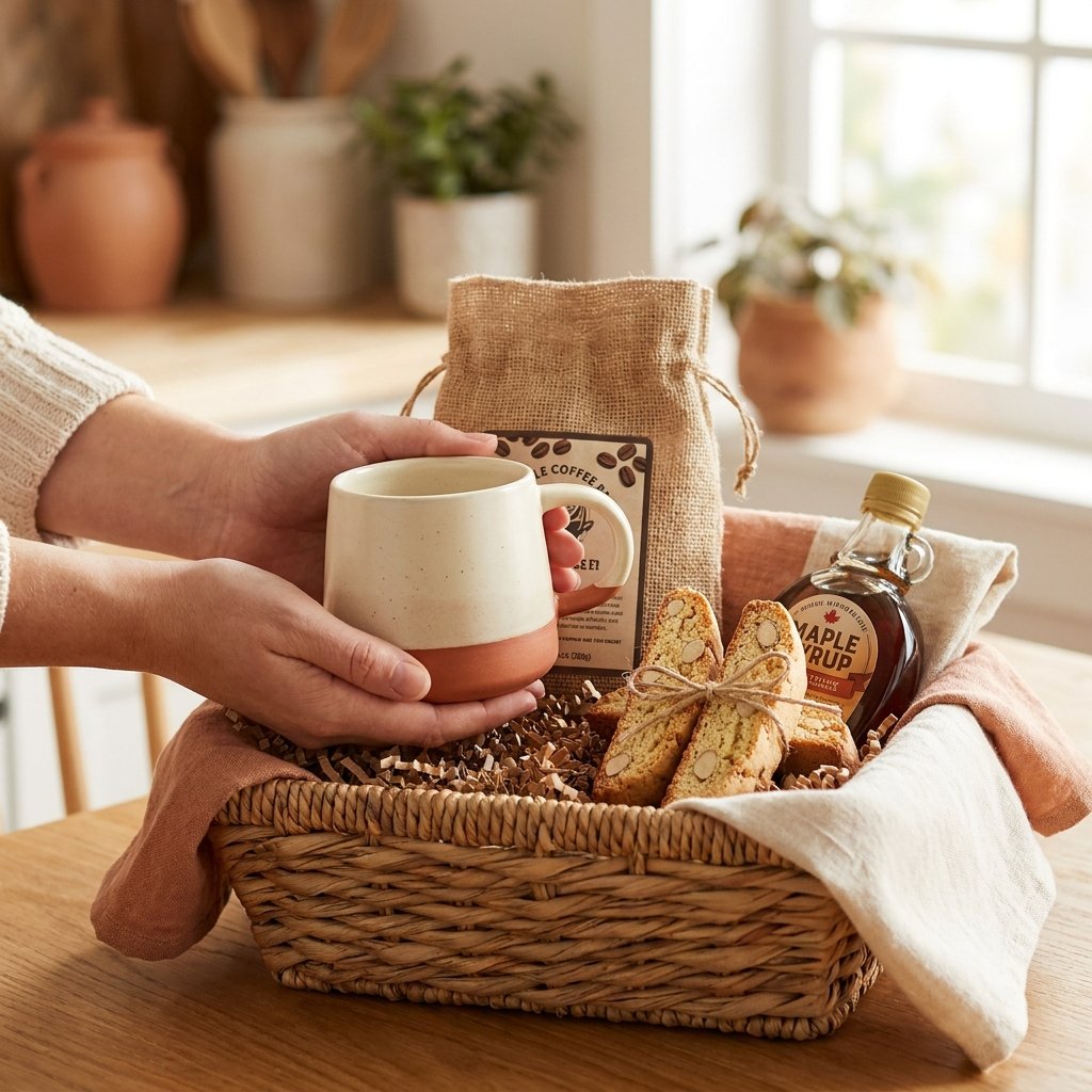DIY coffee gift basket with coffee beans, mug, and biscotti