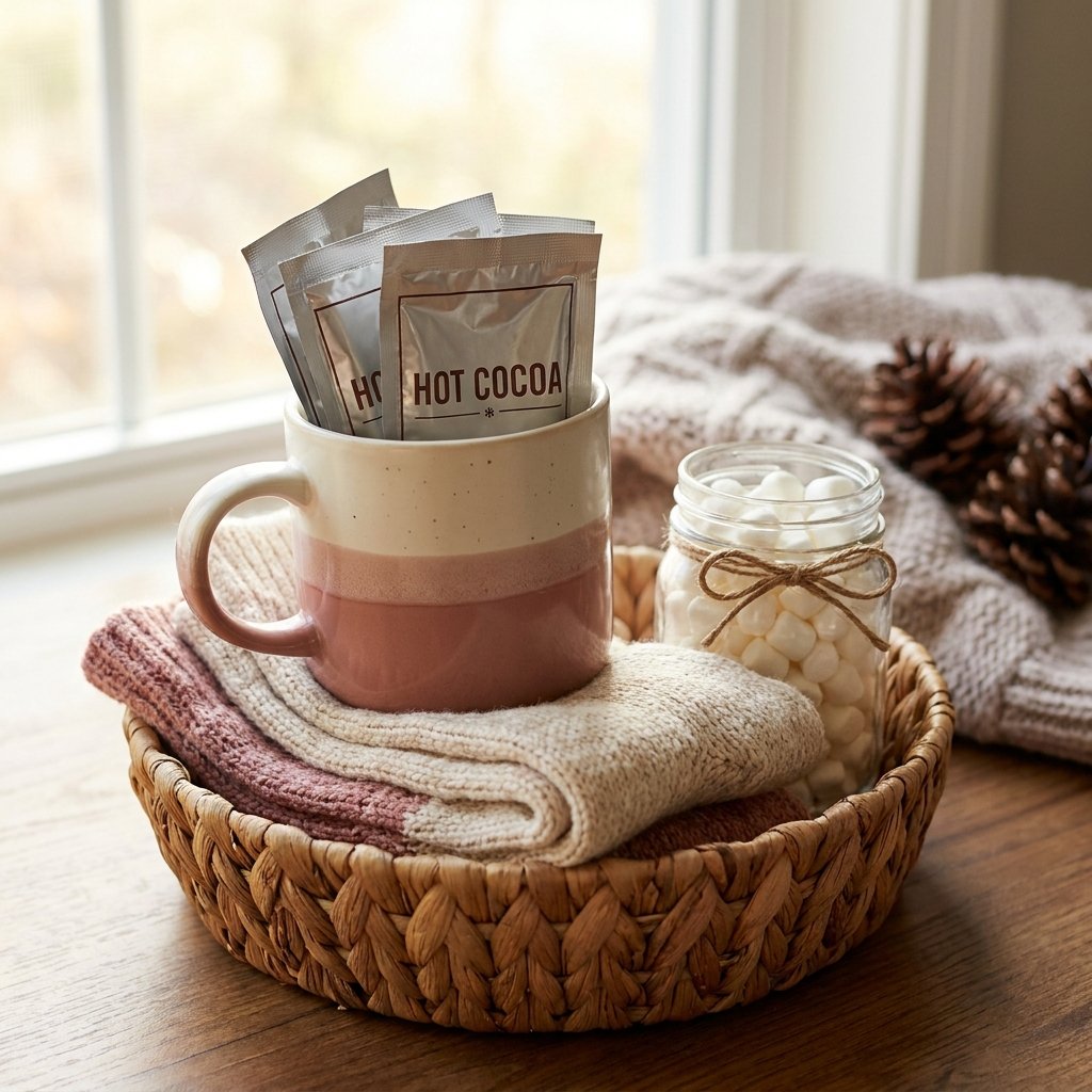 hot cocoa gift basket with mug, cozy socks, and marshmallows