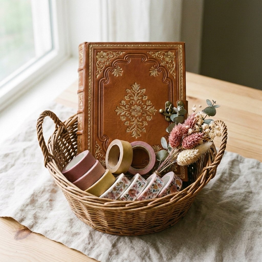 journaling gift basket with guided journal and washi tape