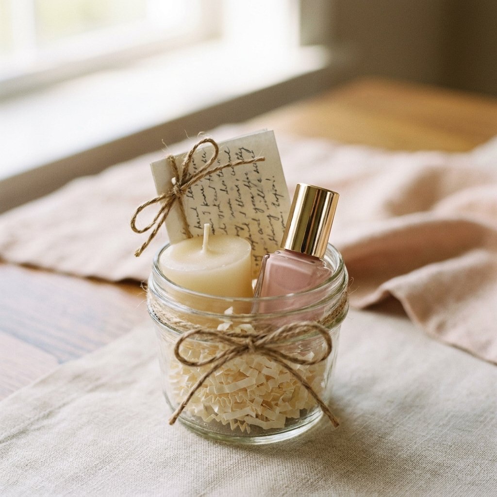 budget friendly mini gift basket in a jar with candle and nail polish