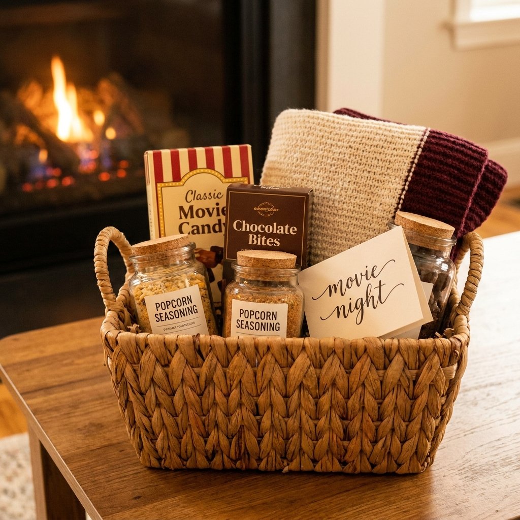 movie night gift basket with popcorn seasoning, candy, and blanket
