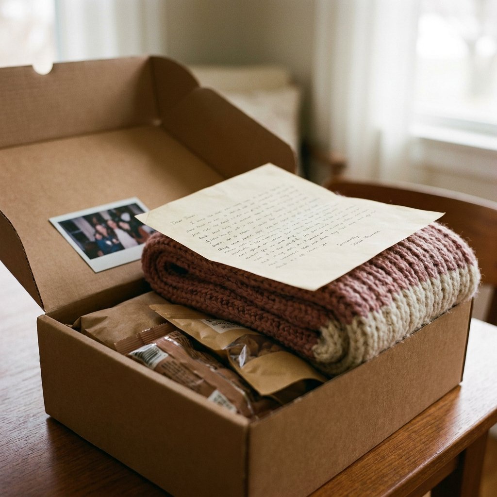 long distance care package for sister with letter, scarf, and photo