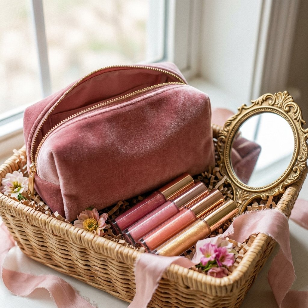pink glam beauty gift basket with makeup bag and lip gloss set