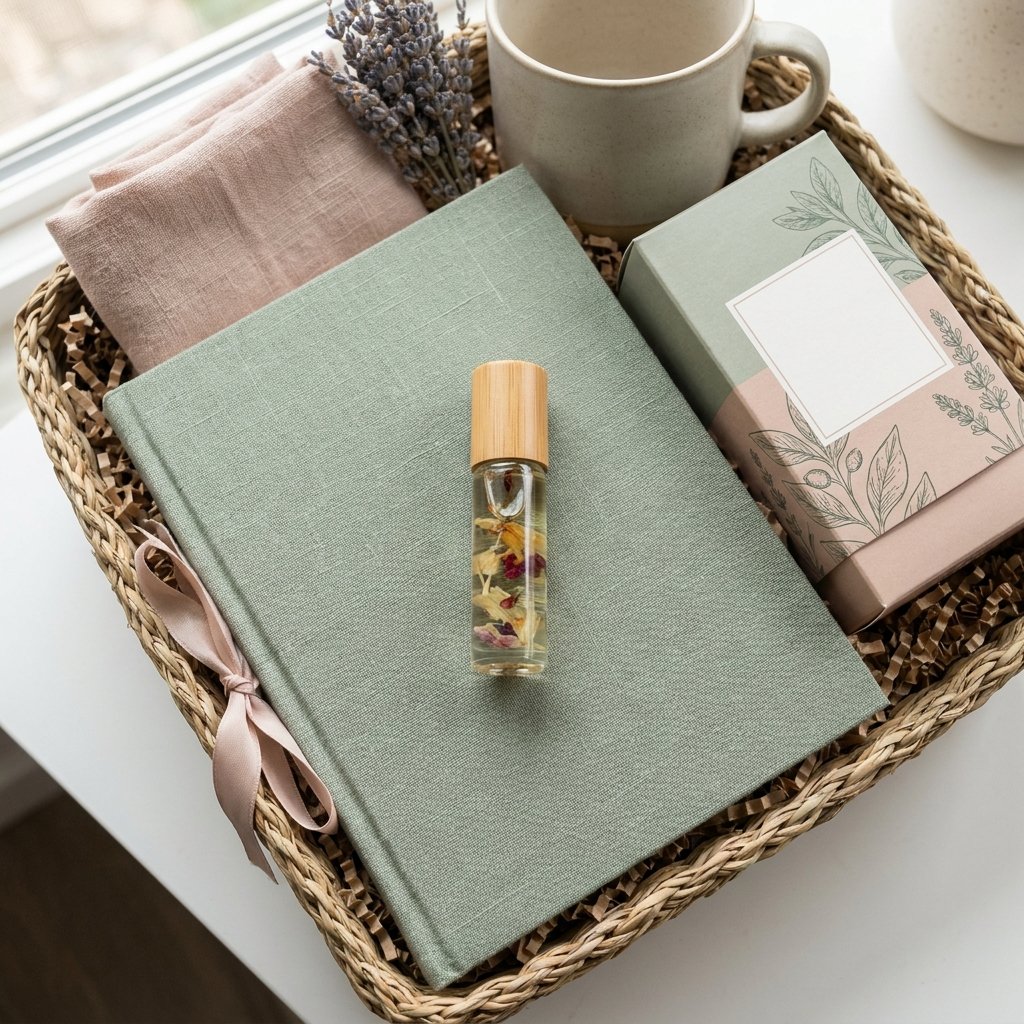 calm down self care gift basket with essential oil roller and journal