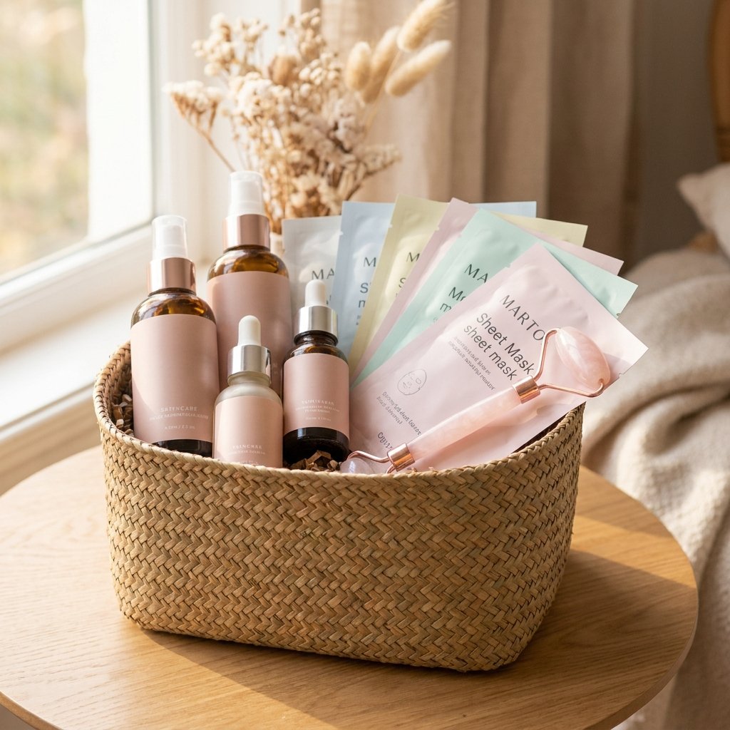 DIY skincare gift basket with cleanser, sheet masks, and facial roller