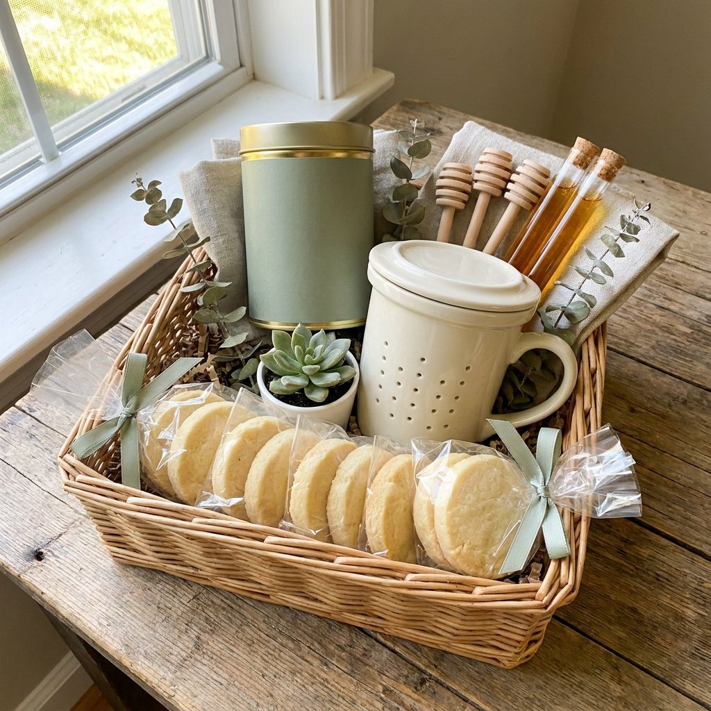 DIY tea lover gift basket with tea tin, infuser mug, and shortbread
