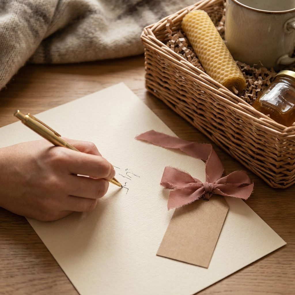 handwritten gift tag being tied to a DIY gift basket with ribbon