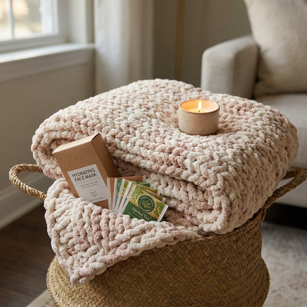 Sunday reset self care basket with weighted blanket and face masks