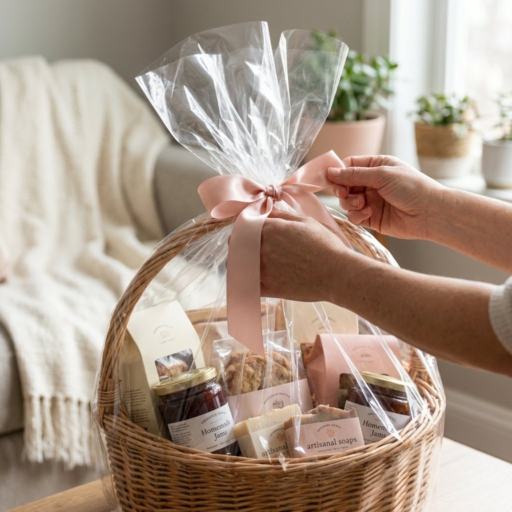 wrapping a finished DIY gift basket in cellophane and pink ribbon