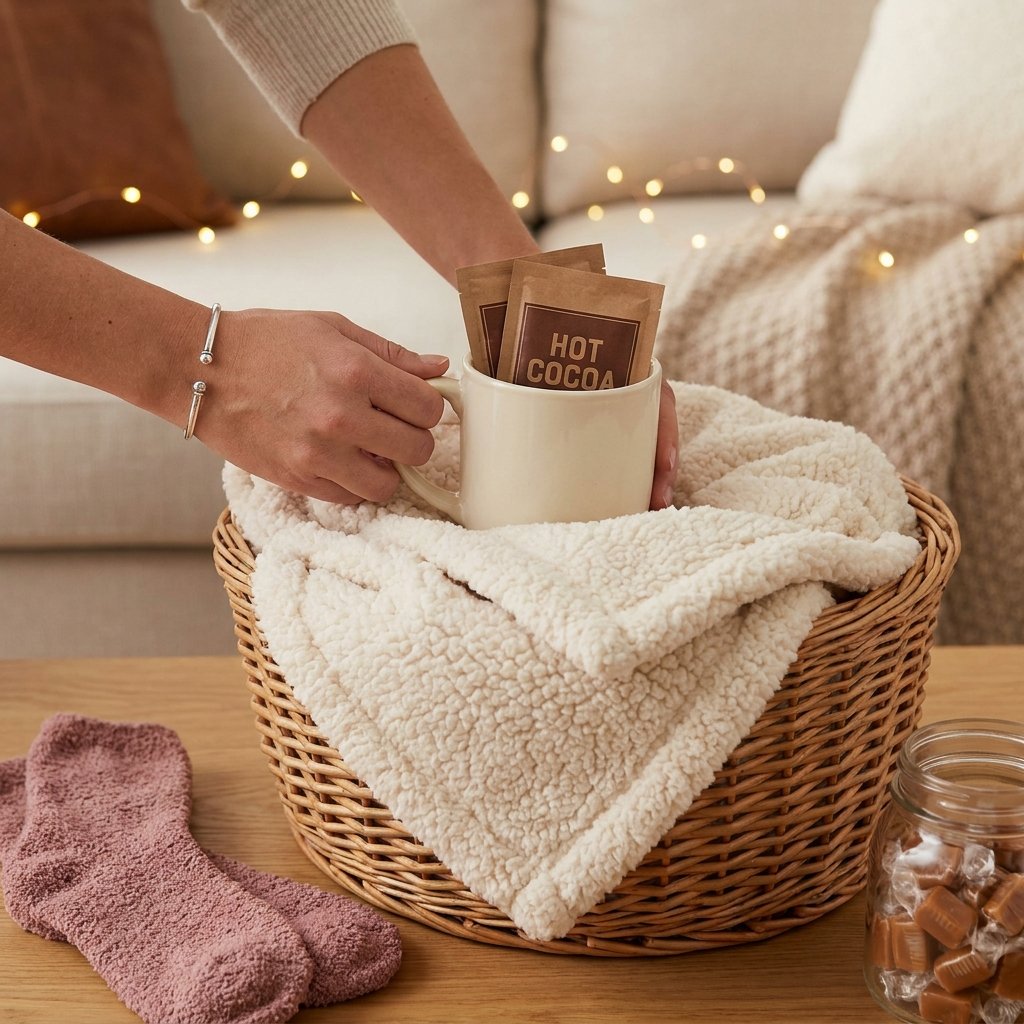 cozy night in gift basket with blanket, mug, and hot cocoa packets
