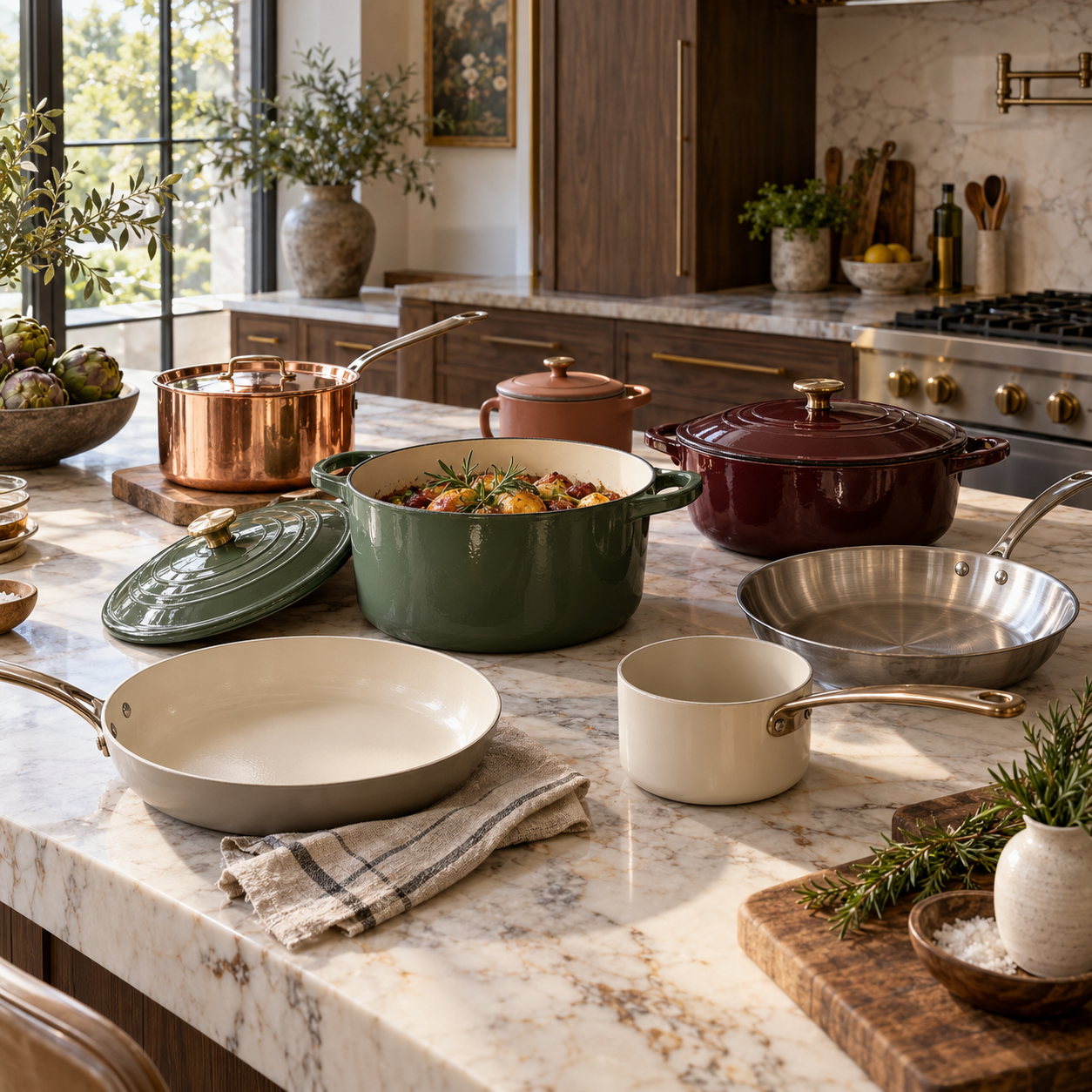 Beautiful cookware collection featuring a sage green Dutch oven, cream ceramic frying pan, copper saucepan, and stainless steel cookware in a luxury modern kitchen.