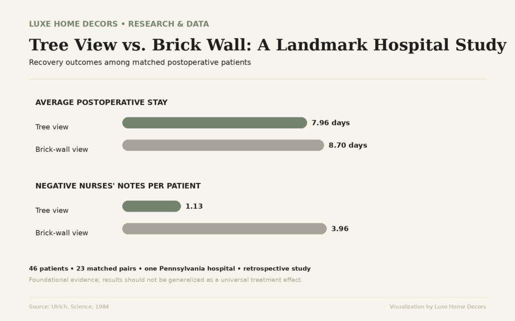 Chart comparing hospital patients with tree and brick-wall views: postoperative stays averaged 7.96 versus 8.70 days and negative nurses' notes averaged 1.13 versus 3.96 per patient.