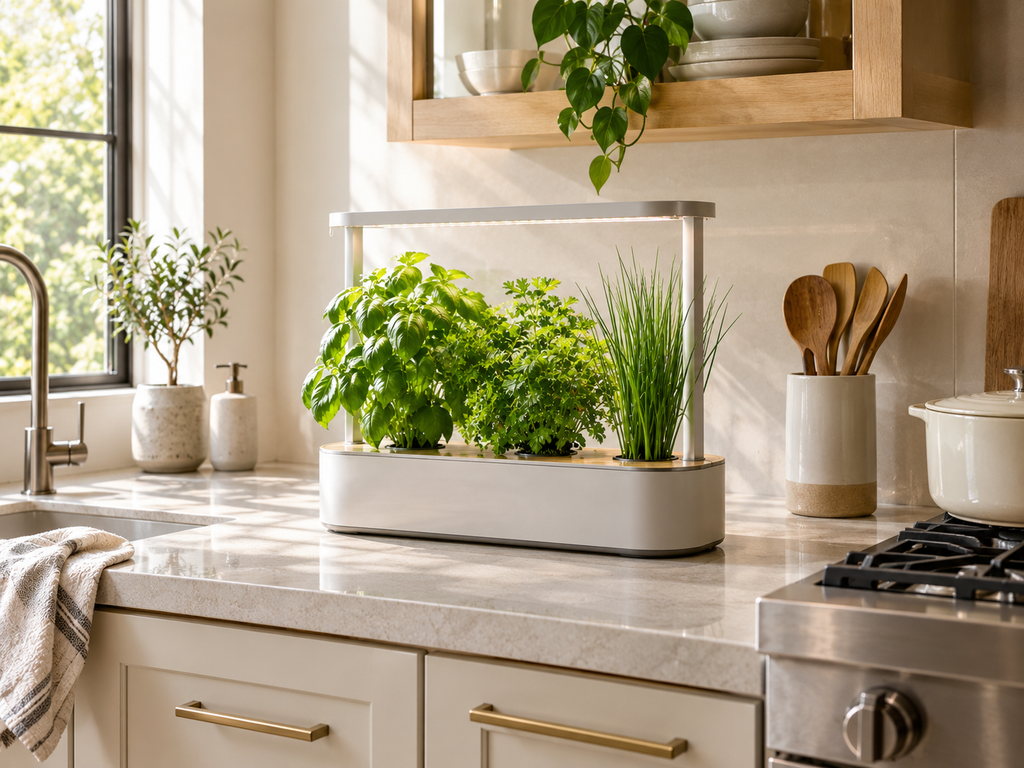 Compact indoor smart herb garden styled on a modern kitchen countertop with fresh basil, parsley and chives.